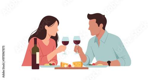 A young couple enjoying a romantic dinner date with wine. EPS Editable. Vector Illustrations.