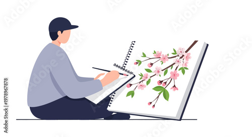 A young artist sitting and drawing cherry blossoms in a sketchbook. EPS Editable. Vector Illustrations.