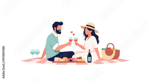 A young couple enjoying a romantic picnic with wine and snacks on a summer day. EPS Editable. Vector Illustrations.