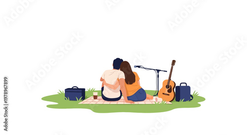 A young couple sitting together on a blanket at a romantic outdoor picnic. EPS Editable. Vector Illustrations.