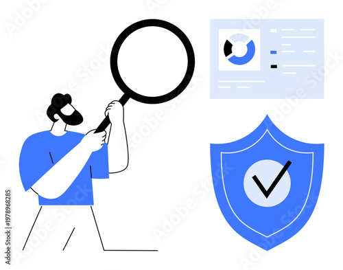 Data security concept. Data security analyzed with a magnifying glass, shield, and statistics chart. Data security enhances protection, insight, and analytics. For IT, cybersecurity analytics