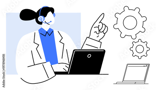 Customer support, workflow optimization, technology assistance, online communication, business process, remote work. Woman with headset pointing near laptop and gears. Customer support and workflow