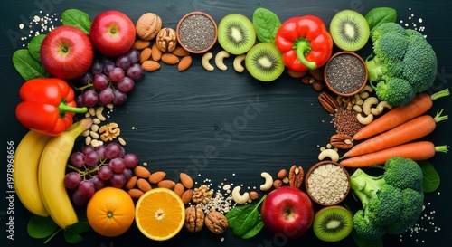 A colorful top view of assorted fresh fruits, crisp vegetables, various nuts, and healthy grains arranged neatly on a dark wooden background, diversity, nuts, fresh