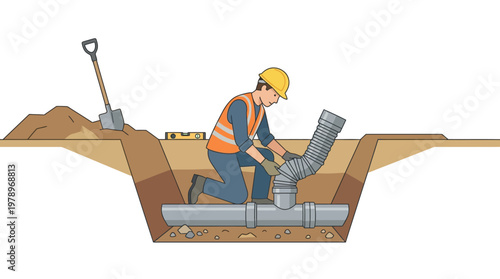 Professional Construction Worker Installing Underground Drainage Pipes in a Trench, Sewer Line Repair and Infrastructure Maintenance Illustration