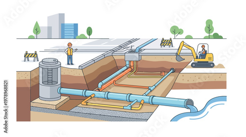 Urban Utility Infrastructure Cross-Section Illustration showing Sewerage, Drainage Pipes, Excavation Site, and Maintenance Workers