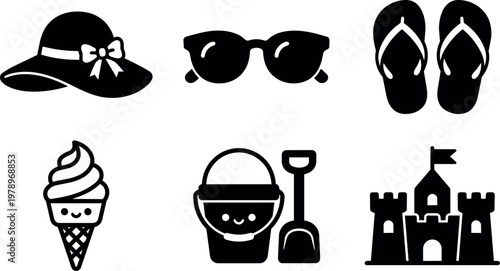 Black and white summer accessories vector art with hat sunglasses ice cream bucket and sandcastle
