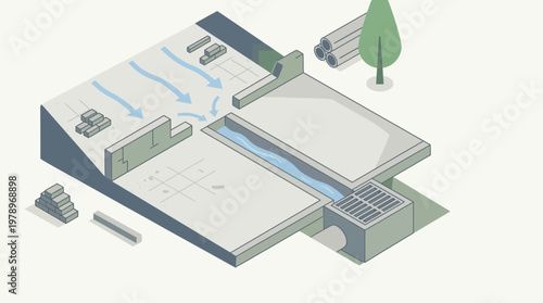 Isometric Illustration of Urban Drainage System and Storm Water Management Infrastructure for Civil Engineering and Sustainable City Planning