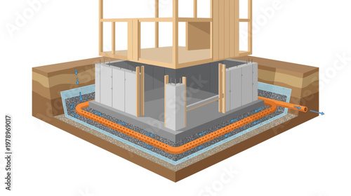 Cross-Section Illustration of a House Foundation Drainage System Featuring French Drain Pipe and Perimeter Waterproofing Infrastructure