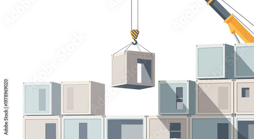 Modular Construction Illustration with Crane Lifting Prefabricated Building Unit, Modern Minimalist Sustainable Housing Development