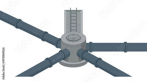 Isometric 3D Diagram of an Underground Sewer Manhole and Drainage Pipe Network with Maintenance Ladder Access