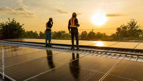 Quadro em tela Silhouette of two engineers using a drone to inspect a solar panel roof at sunset