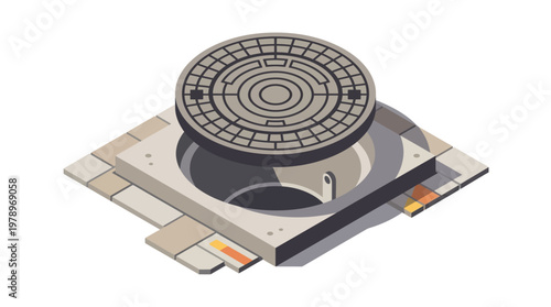Isometric Illustration of an Open Manhole Cover on Urban Pavement, Urban Infrastructure and Sewer System Access Concept
