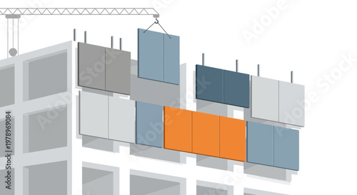 Modern Modular Construction Process with Crane Lifting Prefabricated Panels for Skyscraper Building, Industrial Innovation and Architecture Concept Illustration