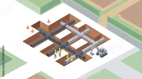 Isometric Illustration of Underground Utility Infrastructure Construction with Workers, Pipes, and Excavator in a City Trench