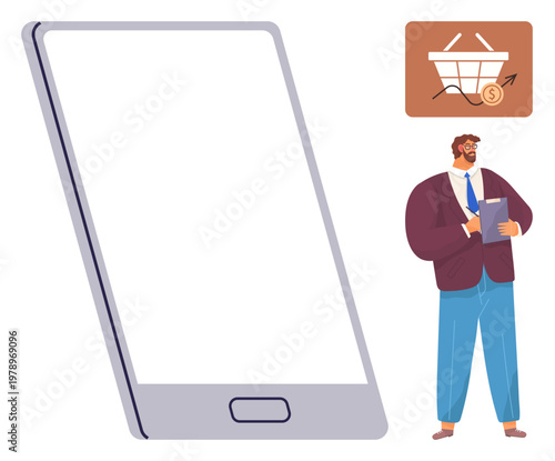 E-commerce, digital business, online shopping, technology, retail growth, marketing strategy. Businessman holding a tablet near a giant phone and shopping cart icon. E-commerce and digital business