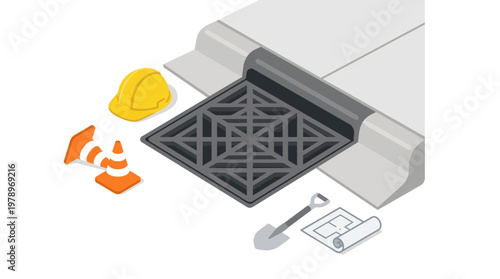 Isometric Vector Illustration of Urban Street Drainage System Installation with Construction Tools, Safety Gear, and Engineering Plans