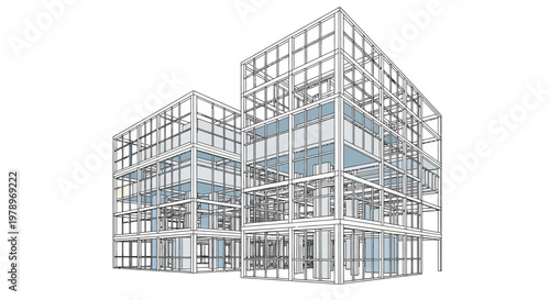 Modern Architectural Building Wireframe Sketch - 3D Structural Line Drawing of Commercial Office Design on White Background