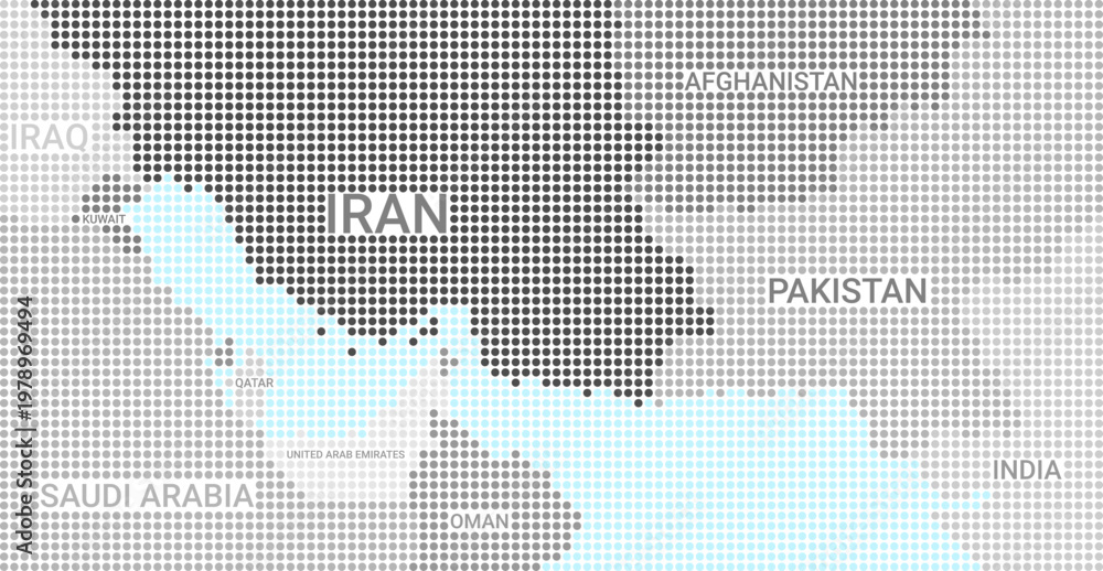 Obraz premium Strait of Hormuz Dot Map, Persian Gulf Countries, Middle East Vector Illustration, Oil Shipping Routes, Geopolitical Tension Concept