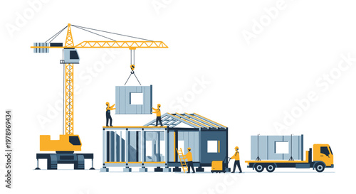 Modular House Construction Site with Crane and Workers Building Prefabricated Home, Flat Vector Illustration