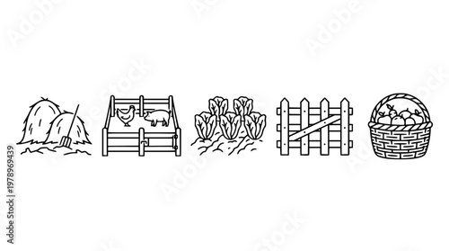 Farm illustration with haystacks, animals, and garden elements