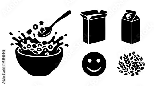 Vector graphic illustration of breakfast cereal and milk icons