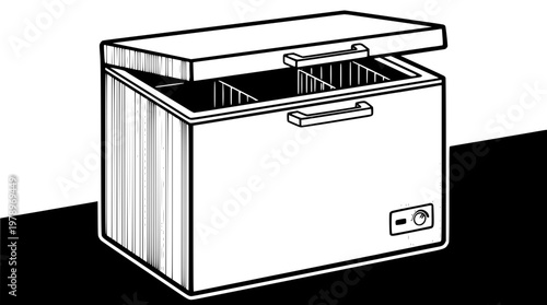 Chest freezer with open lid and two compartments inside