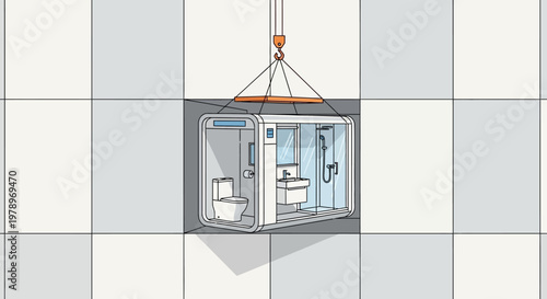 Modular Prefabricated Bathroom Pod Being Installed in Building Construction Site, Minimalist Illustration