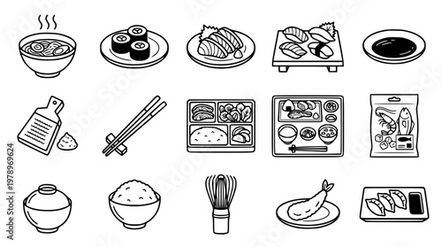 Vector graphic illustration of various sushi and food items
