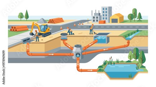 Urban Stormwater Drainage System Infographic with Construction Workers, Underground Pipes, and Infrastructure Engineering Cross Section