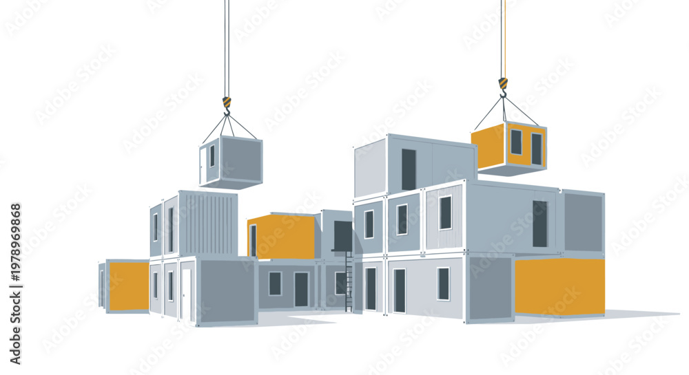 Fototapeta premium Modular Construction Site with Shipping Container Homes and Industrial Cranes Isolated on White Background