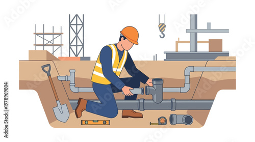Professional Plumber Installing Underground Pipes in Construction Trench Illustration