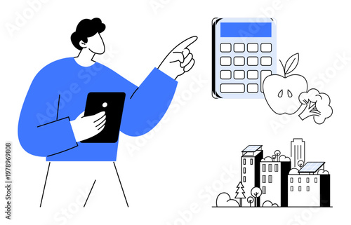 Sustainability, renewable energy, eco-friendly living, environmental care, urban development, green technology. Person pointing to calculator with food and solar-powered buildings. Sustainability