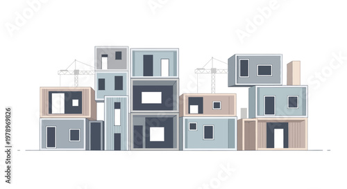 Modern Modular Housing Illustration - Minimalist Prefab Apartment Units and Urban Development Concept