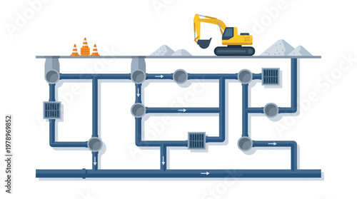 Underground Sewage System and Urban Drainage Infrastructure Illustration with Excavator and Pipe Network Design