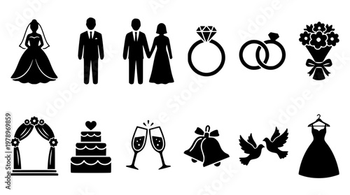 Black silhouette wedding icons and symbols on white background