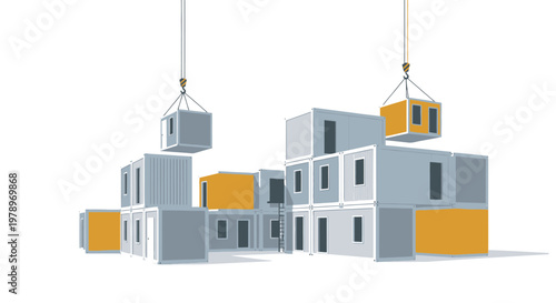 Modular Construction Site with Shipping Container Homes and Industrial Cranes Isolated on White Background