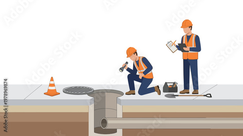 Professional City Utility Workers Inspecting Underground Sewer Pipe System and Manhole Drainage, Maintenance and Engineering Service Flat Vector Illustration