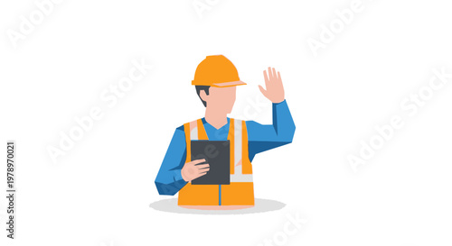 Construction Worker Vector Illustration Wearing Hard Hat and Safety Vest Holding Clipboard