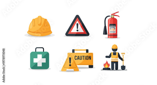 Industrial Construction Safety and Occupational Health Icons Set featuring Hard Hat, Fire Extinguisher, First Aid Kit, and Warning Signs
