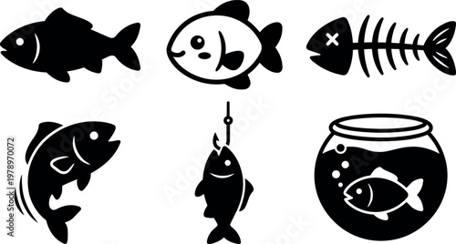 Multiple fish shapes including fishbone and fishbowl silhouette