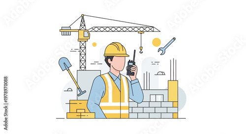 Construction Worker and Site Supervisor Illustration with Crane and Building Tools