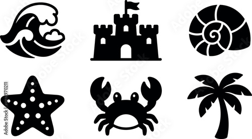 Black and white line art sea wave castle shell starfish crab and palm tree icons