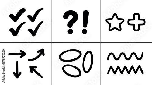 Hand drawn check marks question exclamation star cross arrows ellipses and zigzag lines vector art