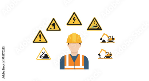 Construction Worker with Safety Warning Icons and Industrial Hazard Symbols Flat Vector Illustration