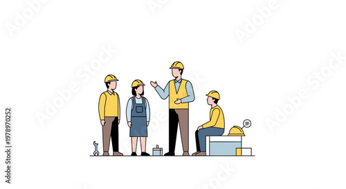 Construction Team Having a Safety Meeting and Briefing on Building Site, Flat Vector Illustration of Industrial Workers and Foreman