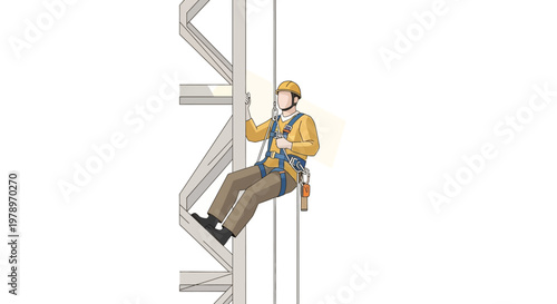 Industrial Climber in Full Safety Harness Working on Steel Structure, Occupational Safety and High Altitude Maintenance Illustration