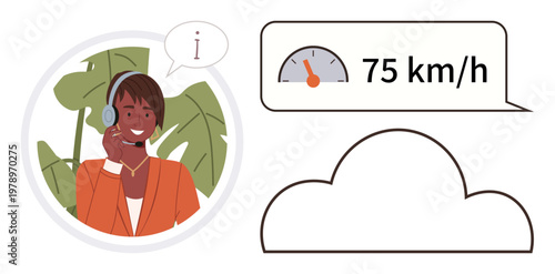 Customer service, technology, cloud computing, information sharing, remote communication, speed monitoring. Smiling agent with a headset, cloud icon and a speedometer. Customer service
