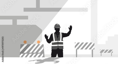 Construction Worker Silhouette Directing Traffic with Safety Barriers and High Visibility Vest