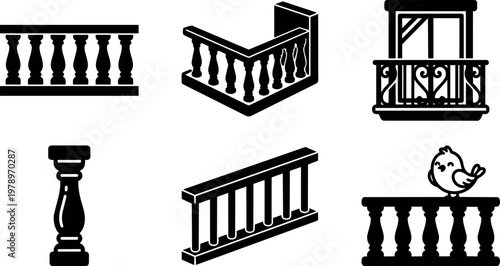 Black and white balcony railing and baluster vector icons with bird and window