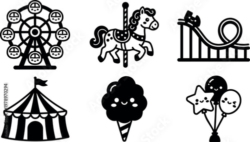 Black and white carnival icons including ferris wheel carousel roller coaster circus tent cotton candy and balloons